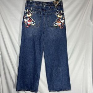Ed Hardy Womens 30 Born Free Painted Birds Loose Wide Leg Skater Denim‎ Y2K